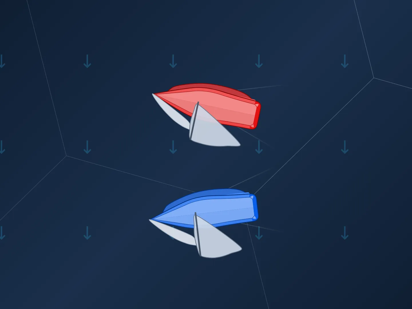 Two boats sailing across the frame toward the left, with the wind blowing from the top, square onto their starboard sides. Their sails are eased about halfway out, toward the bottom of the frame. The red boat sails just upwind of the blue boat.