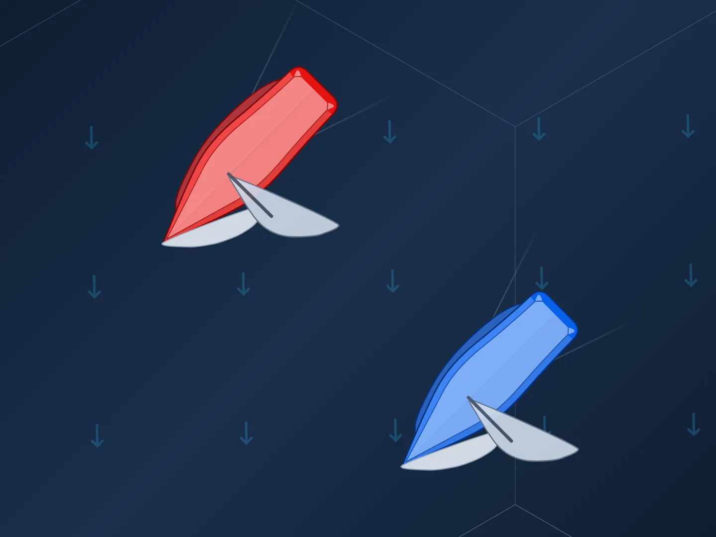 Two boats on starboard tack sailing downwind toward the bottom left, with the wind blowing from the top of the frame, so it comes from behind them and over their starboard side. Their sails are eased well out to the left. The red boat sails upwind of the blue boat.