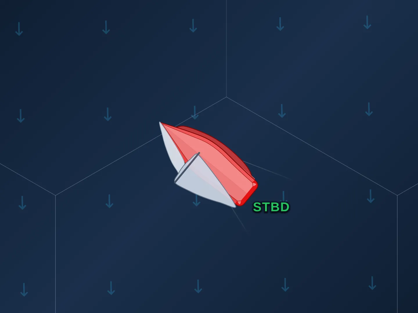 A red boat on starboard tack, labeled STBD in green, sailing upwind with the wind blowing from the top of the frame. It sails close-hauled, as near the wind as it can point, heading up and to the left with its sails trimmed in tight.