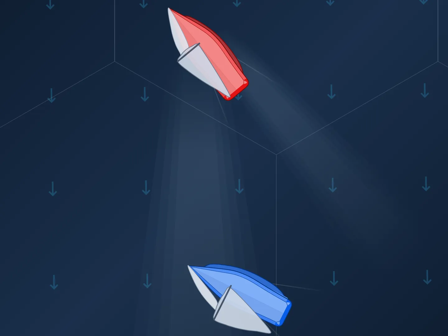 Two boats on starboard tack sailing upwind, close-hauled, with the wind blowing from the top of the frame. A lighter cone of disturbed wind fans out downwind from the red boat ahead, and the blue boat behind sails right inside it.