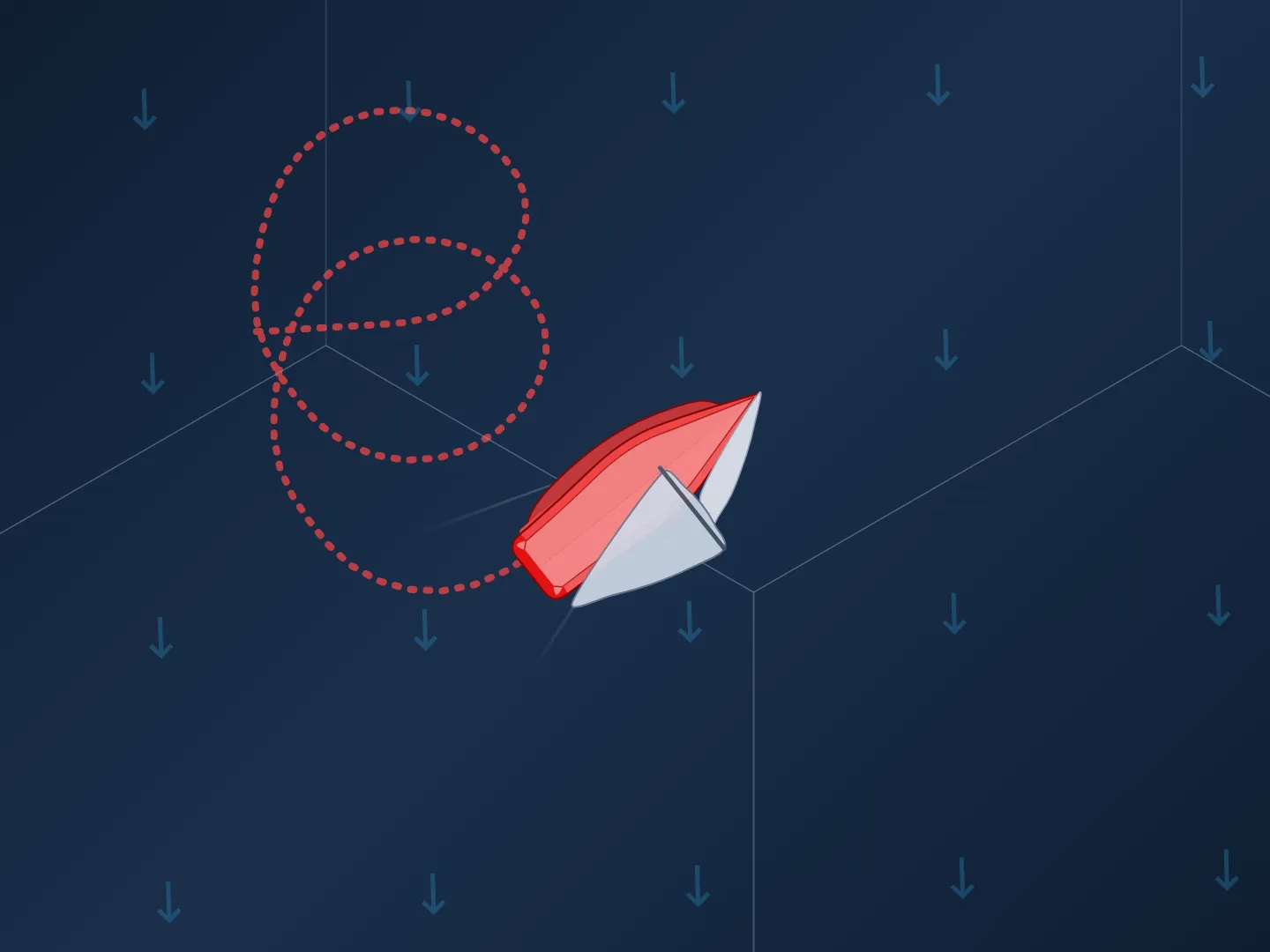 A red boat sailing away to the right, with the wind blowing from the top of the frame. The dotted line of the track it has sailed loops round twice behind it: two full turns the same way round, each through one tack and one jibe.