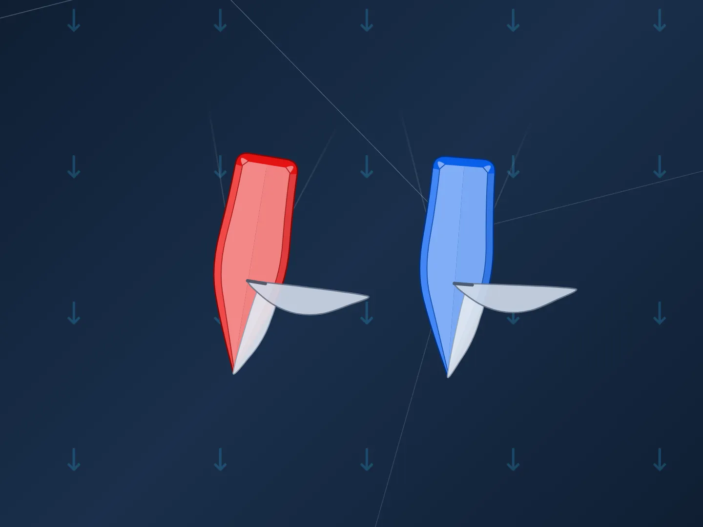 Two boats, one red and one blue, sailing straight down the frame side by side, with the wind blowing from the top, directly behind them. Their sails are let all the way out to the side, square to the wind.