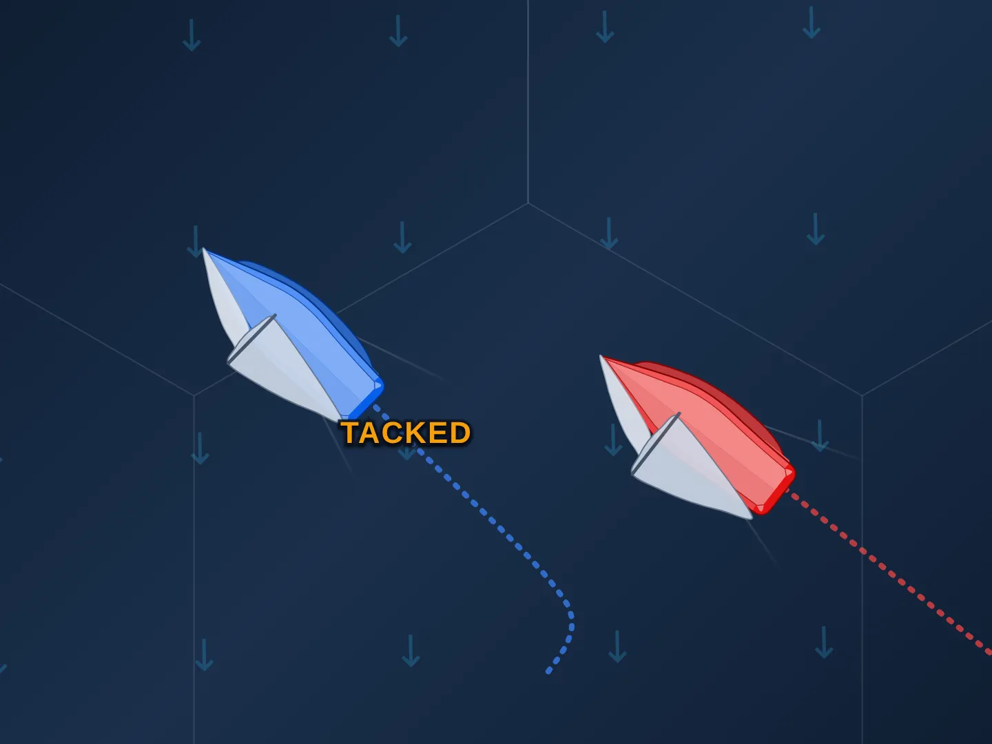 Two boats on starboard tack sailing upwind, with the wind blowing from the top of the frame, each trailing a dotted line of the track it has sailed. The red boat has held a straight course. The blue boat, labeled TACKED in amber, came in on port tack: its track runs up to the right, then hooks round through the wind onto starboard, parallel to the red boat.
