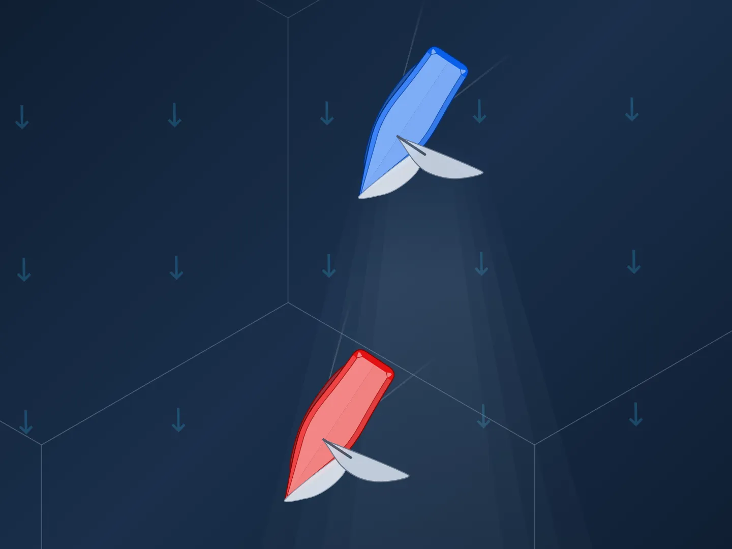 Two boats on starboard tack sailing downwind toward the bottom left, sails eased well out, with the wind blowing from the top of the frame. A lighter cone of wind shadow fans out downwind from the blue boat, toward the bottom of the frame, and the red boat sits inside it.